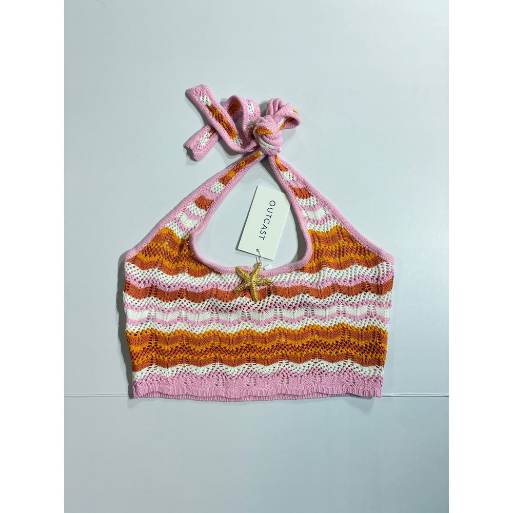 Outcast Sophie Top Women Large Pink Orange Crochet Halter Starfish Chevron